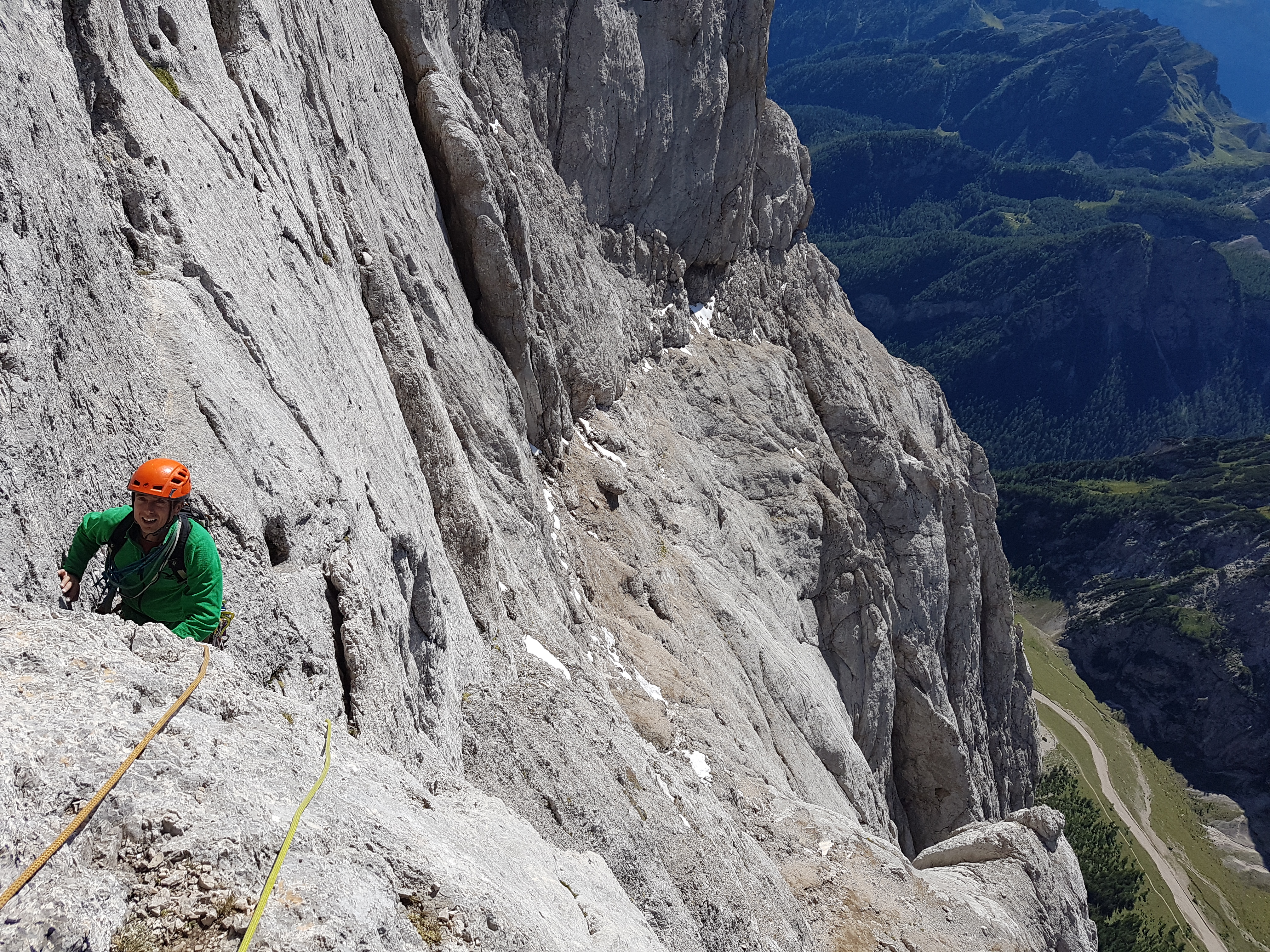 Don Quixote route (Marmolada) rock climbing in the Dolomites. Rock